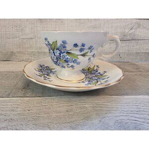Rosina Bone China Tea Cup & Saucer Blue Forget Me Not Gold Trim England Vintage